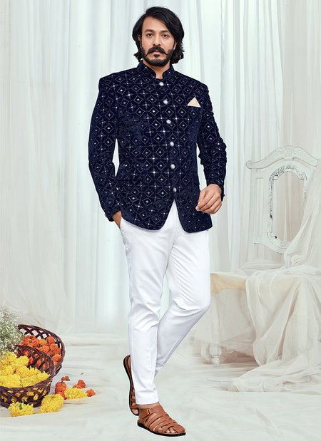 Navy Blue Colour Outluk Vol 92 New Designer Party Wear Velvet Jodhpuri Suit Collection 92004